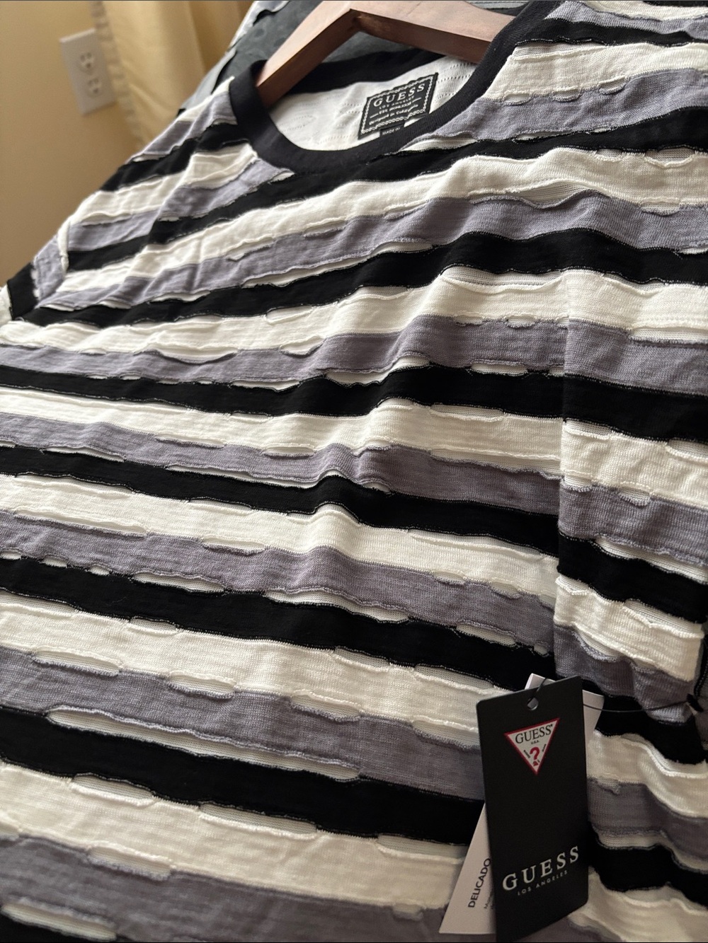 GUESS Men's Black, White & Gray Striped Short-Sleeve Tee - Picture 5 of 5
